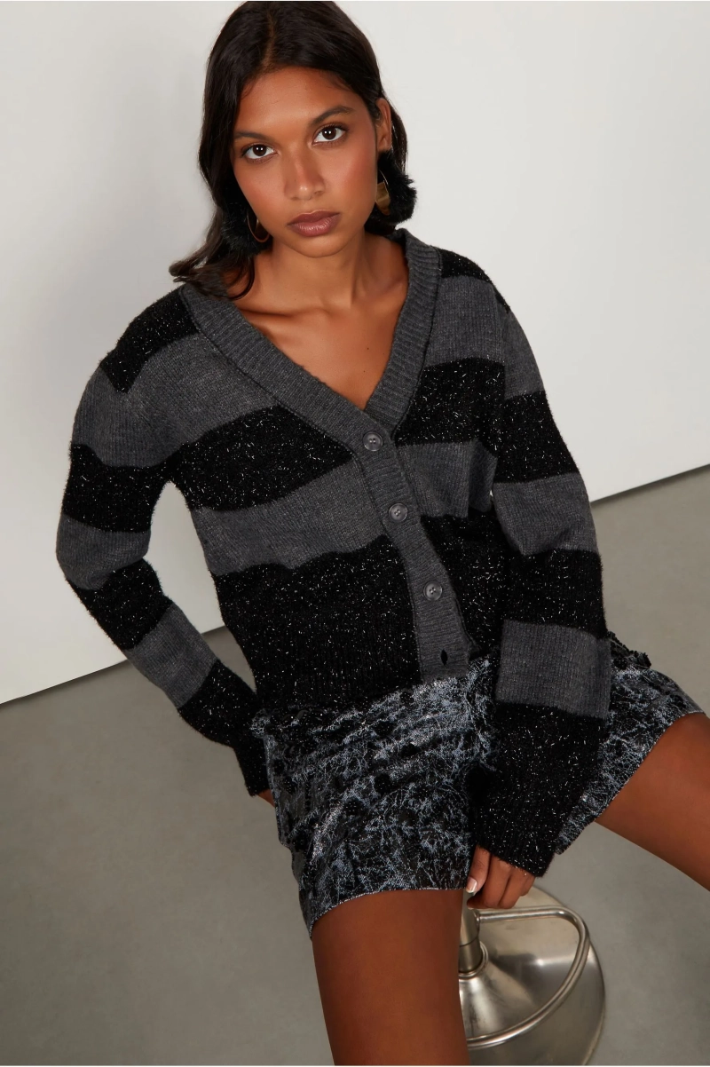 CARDIGAN DE TRICOT LISTRADO COM PELINHO LUREX ANIMALE JEANS